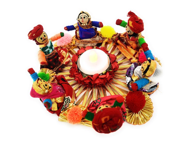 JH Gallery Handmade Recycled Material Rajasthani Dolls Puppet Tealight Candle Holder for Home Decor, Pooja Room Decor, Diwali Decoration, Multicolor (13 cm x 13 cm 6.5 cm) (Pack of 1) - Image 1
