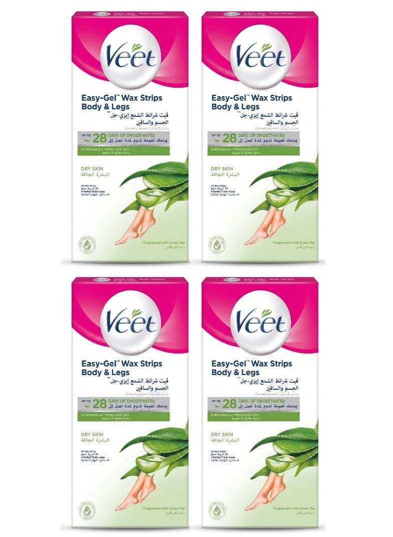 Veet 4pcs Veet Easy-Gel Wax Strips for Body & Legs, Dry Skin with Green Tea & Aloe Vera (4X20 Wax Strips) - Image 1
