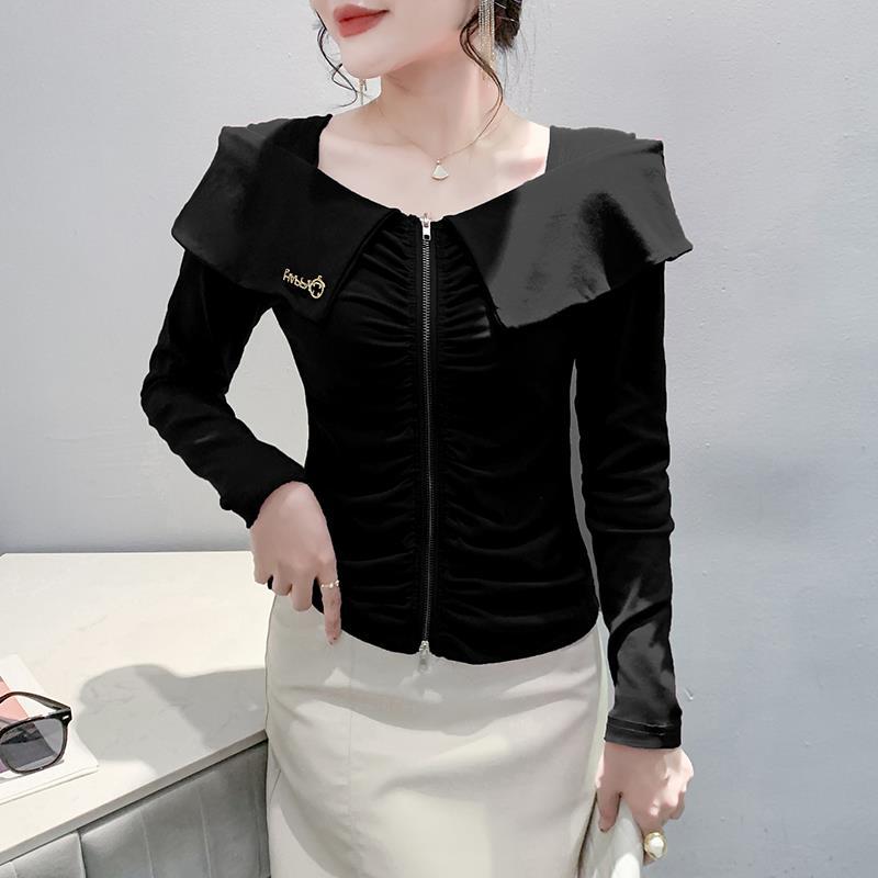 Real shot 2024 autumn new off-shoulder zipper T-shirt women's design ruffled top slim long sleeve - Image 3