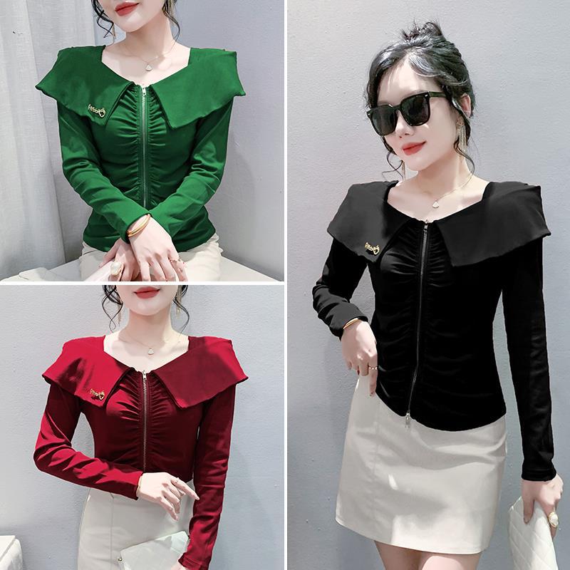 Real shot 2024 autumn new off-shoulder zipper T-shirt women's design ruffled top slim long sleeve - Image 5