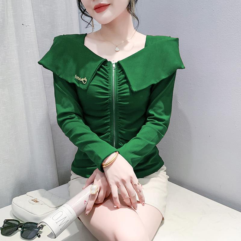 Real shot 2024 autumn new off-shoulder zipper T-shirt women's design ruffled top slim long sleeve - Image 4