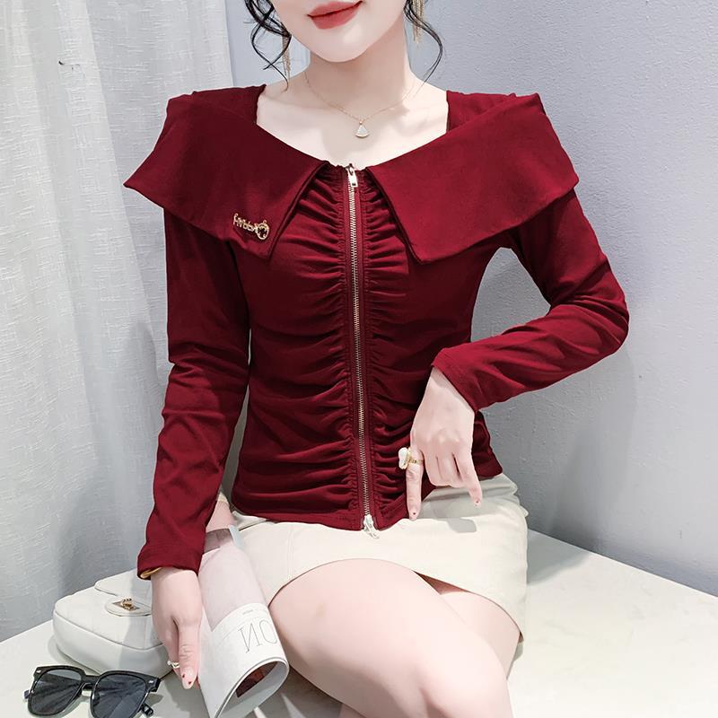 Real shot 2024 autumn new off-shoulder zipper T-shirt women's design ruffled top slim long sleeve - Image 2