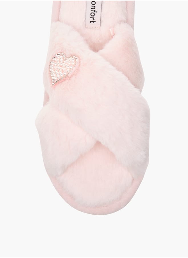 Le Confort Womens Faux Fur Cross Strap Bedroom Slides  - Image 3