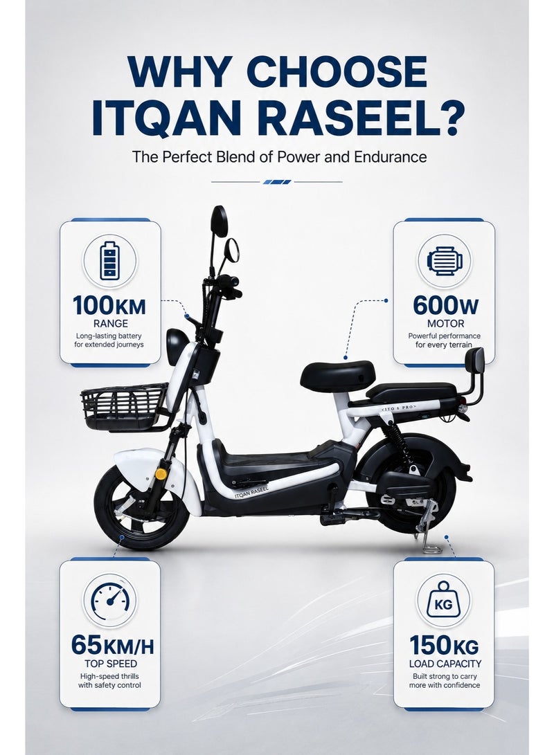 ITQAN RASEEL Upgraded Version — Long-lasting battery 60km adult high-speed two-person E-scooter，E-bike, comes with a front basket and double seat | 600W A+ motor | 60V 20Ah battery | Top speed 65 km/h | Supports up to 150 kg | Features a digital display and LED lights, sturdy and durable, perfect for everyday family commuting. - Image 3