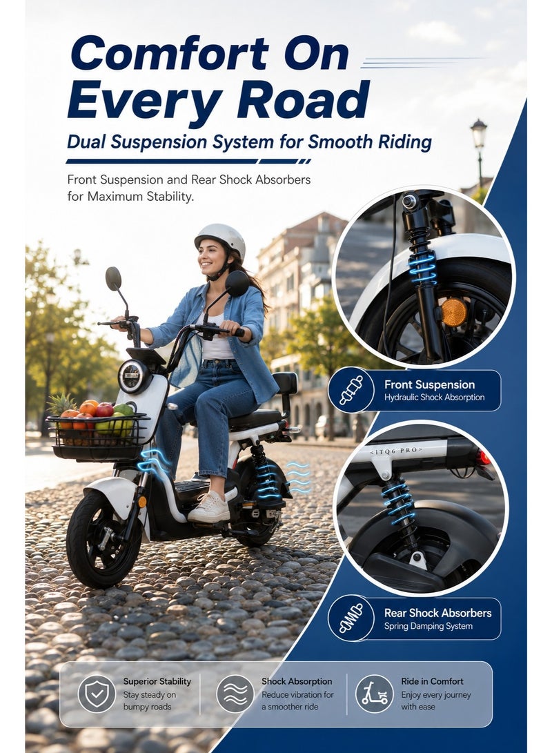 ITQAN RASEEL Upgraded Version — Long-lasting battery 60km adult high-speed two-person E-scooter，E-bike, comes with a front basket and double seat | 600W A+ motor | 60V 20Ah battery | Top speed 65 km/h | Supports up to 150 kg | Features a digital display and LED lights, sturdy and durable, perfect for everyday family commuting. - Image 4