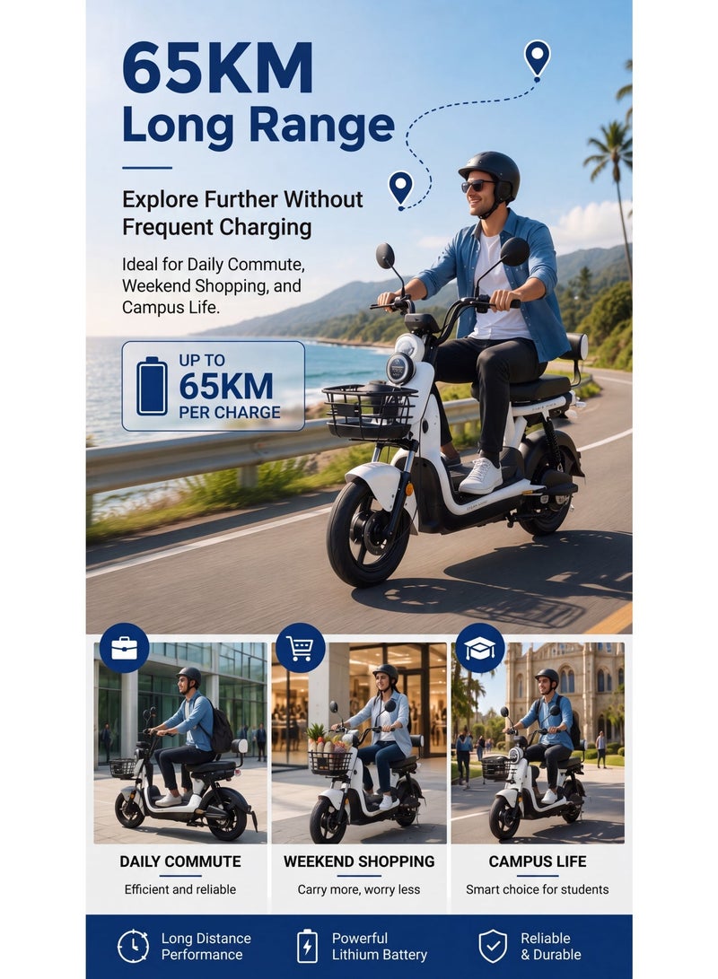 ITQAN RASEEL Upgraded Version — Long-lasting battery 60km adult high-speed two-person E-scooter，E-bike, comes with a front basket and double seat | 600W A+ motor | 60V 20Ah battery | Top speed 65 km/h | Supports up to 150 kg | Features a digital display and LED lights, sturdy and durable, perfect for everyday family commuting. - Image 5