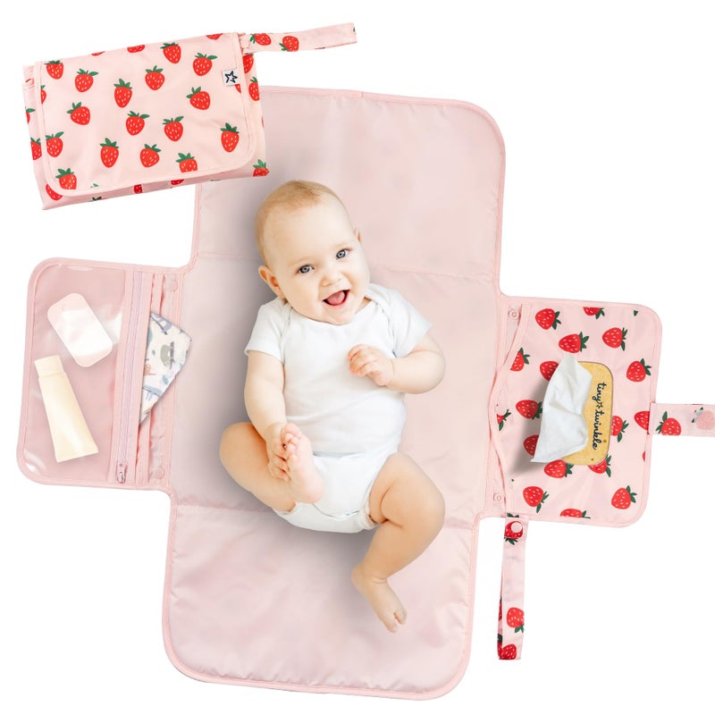 Tiny Twinkle Portable Diaper Changing Pad | Waterproof, Wipeable & Compact Baby Changing Pad for Travel | Smart Wipes Pocket & Organized Storage| Newborn Shower Gift (Strawberries) - Image 1