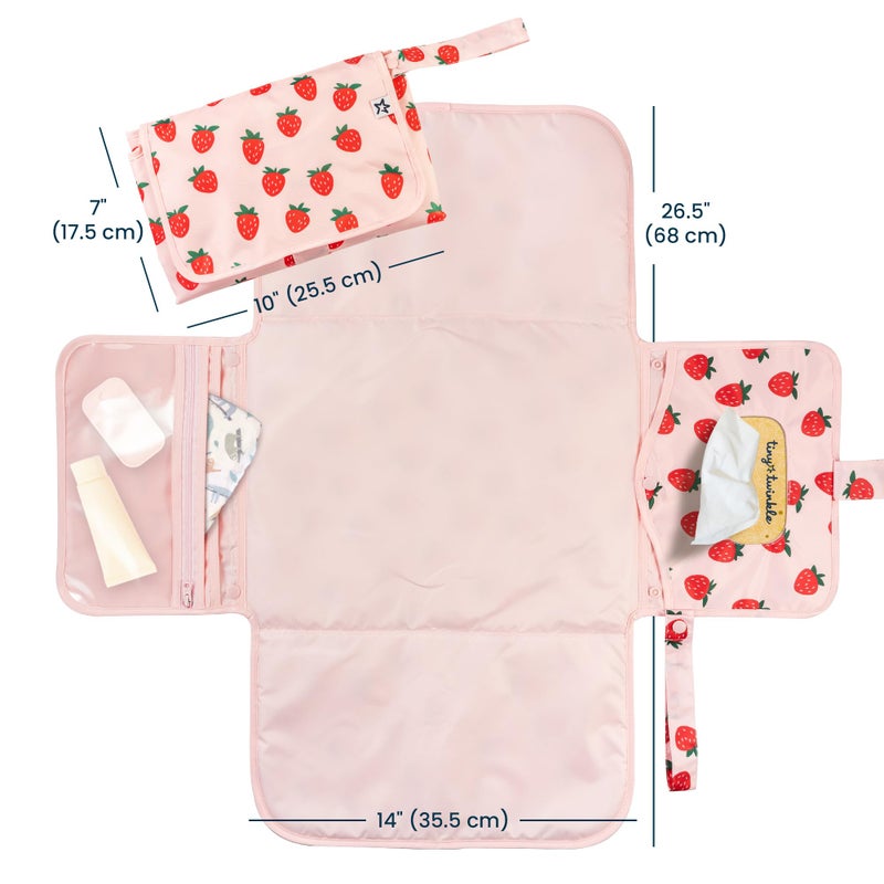 Tiny Twinkle Portable Diaper Changing Pad | Waterproof, Wipeable & Compact Baby Changing Pad for Travel | Smart Wipes Pocket & Organized Storage| Newborn Shower Gift (Strawberries) - Image 3