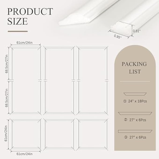 3 SETS PRE-CUT WALL MOLDING KIT, READY TO ASSEMBLE WAINSCOTING PANELS FOR INTERIOR WALL MOULDING DCOR, LIVING ROOM BEDROOM ACCENT WALL PANEL, 3 TOPS AND 3 BOTTOMS - 6 FRAMES - Image 3