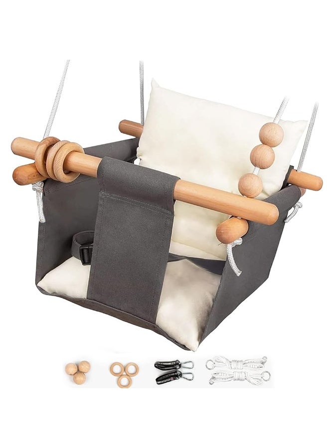 WALALLA Baby Swing Chair for Indoor & Outdoor Use, Portable Hanging Seat for Infants & Toddlers 6 Months-4 Years, Cotton Canvas & Beech Wood Frame, Sensory Hammock with Wooden Toys, Grey - Image 1