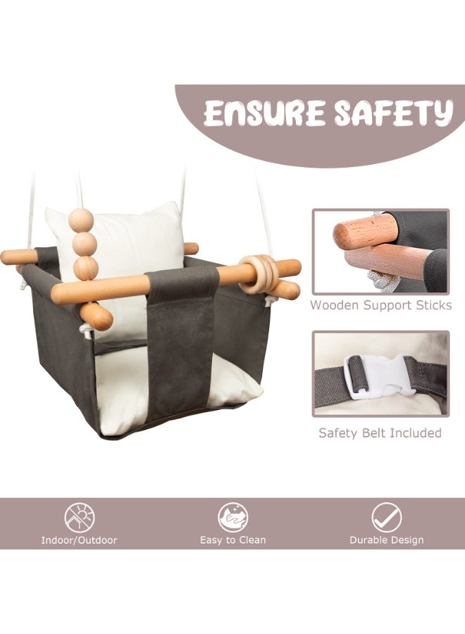 WALALLA Baby Swing Chair for Indoor & Outdoor Use, Portable Hanging Seat for Infants & Toddlers 6 Months-4 Years, Cotton Canvas & Beech Wood Frame, Sensory Hammock with Wooden Toys, Grey - Image 3