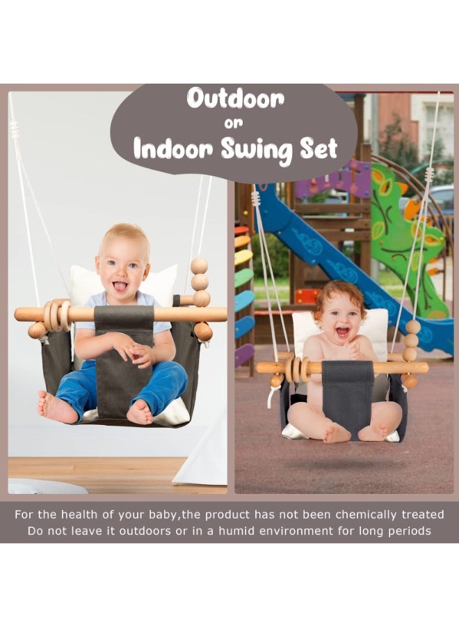 WALALLA Baby Swing Chair for Indoor & Outdoor Use, Portable Hanging Seat for Infants & Toddlers 6 Months-4 Years, Cotton Canvas & Beech Wood Frame, Sensory Hammock with Wooden Toys, Grey - Image 4