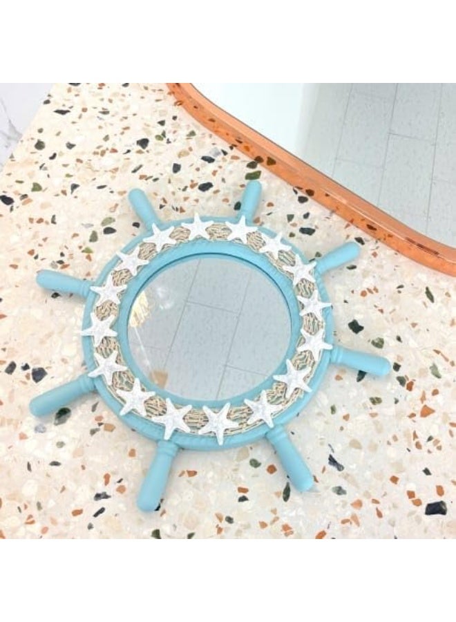 مرآة حائط دائرية خشبية بتصميم عجلة سفينة بحرية مع زينة نجوم البحر وشبكة صيد - Hand Made - ديكور ساحلي للمنزل والغرف والشاليهات (ازرق) - Image 2