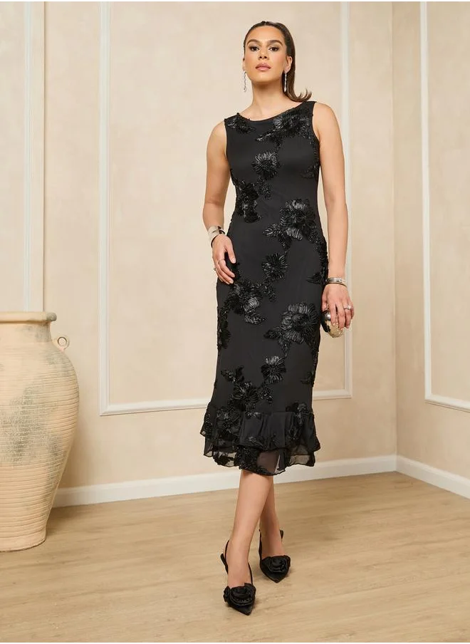 Styli Floral Embroidered Sleeveless Sheath Midi Dress