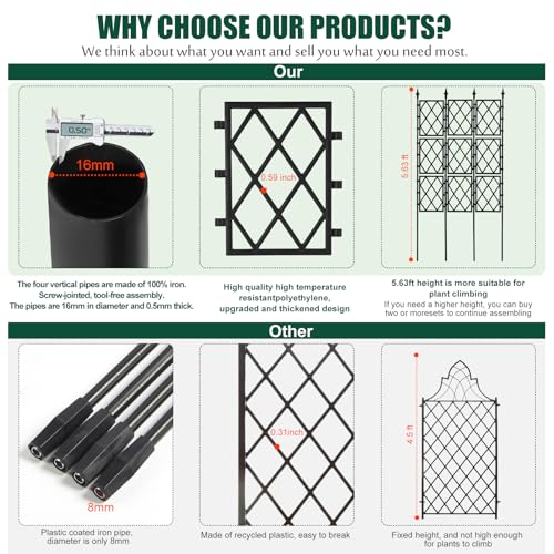 WellSign Garden Trellis for Climbing Plants Outdoor 5.25 FT, Iron Pipe Metal Support Wall Tall Plant Trellis Lattice Fence Plant Support with Garden Twist Tie for Ivy Vines Rose - Image 3