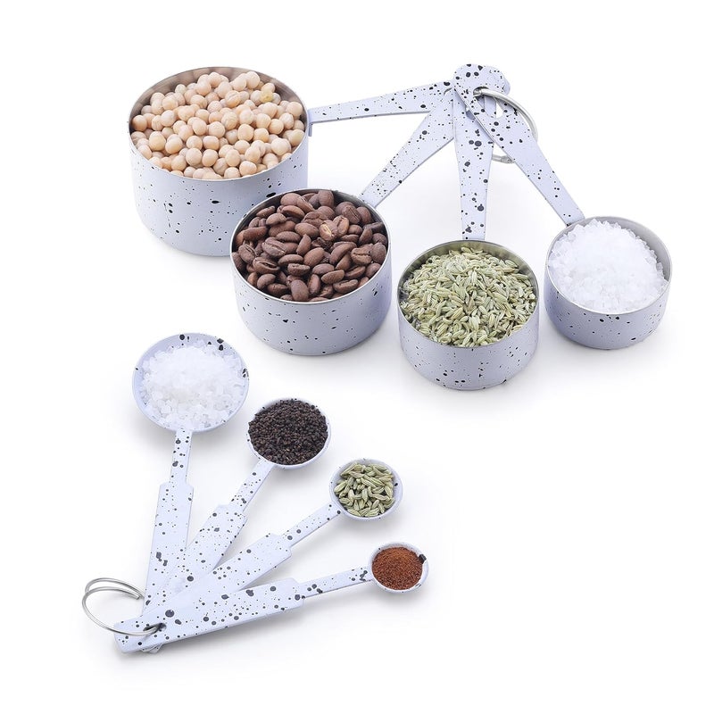perch Stainless Steel Measuring Cups and Spoons Set for Dry or Liquid/Kitchen Gadgets for Cooking & Baking Cakes | Set of 4 Cups & 4 Spoons | White with Black Speckles - Image 1
