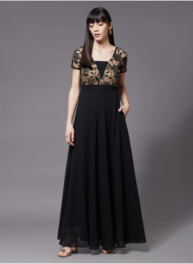 مس تشايس Lace Detail V Neck A-Line Maxi Dress by Styli