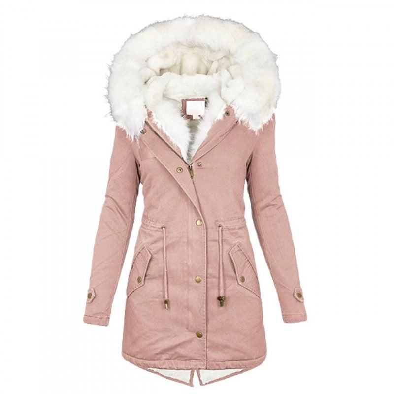 Winter Warm Cotton Clothing Slim Hooded Fur Collar Cotton Outwear Warm Mid-Length Jacket - Image 1