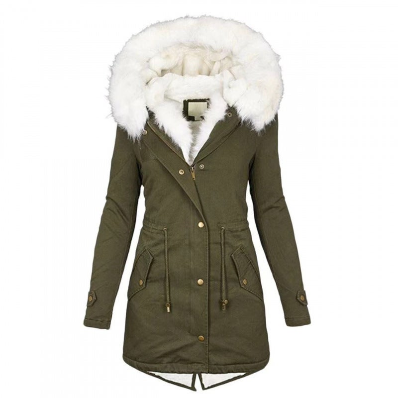 Winter Warm Cotton Clothing Slim Hooded Fur Collar Cotton Outwear Warm Mid-Length Jacket - Image 3