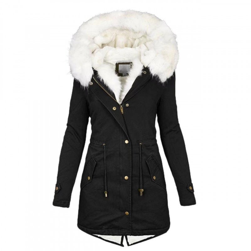 Winter Warm Cotton Clothing Slim Hooded Fur Collar Cotton Outwear Warm Mid-Length Jacket - Image 4