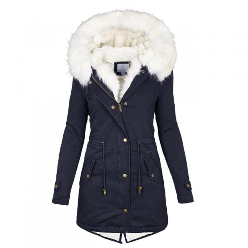Winter Warm Cotton Clothing Slim Hooded Fur Collar Cotton Outwear Warm Mid-Length Jacket - Image 2