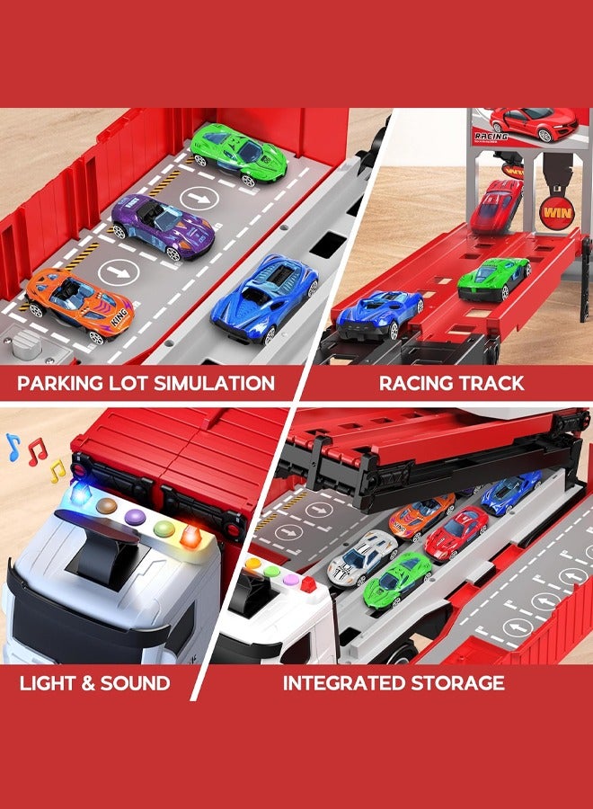 Bukela Carrier Truck Race Track Kids Toys, Foldable 3 Layer Car Race Track Playset, Transport Car Carrier Toy for Toddlers Cars Toy Set Container Truck Toy with 8 Alloy Cars Vehicles Toy Set, B-Day Gifts for 3+ Kids Boys Girls - Image 4
