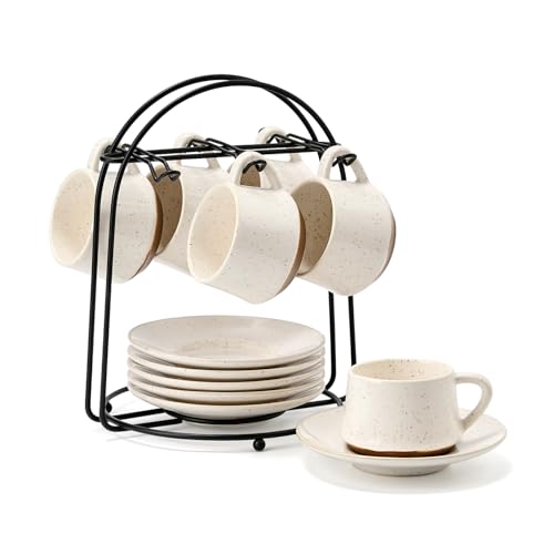 SIDUCAL Stackable Cappuccino Cup Set of 6 [4 oz] Ceramic Coffee Cups with Saucers and Cup Holder,Microwave/Dishwasher Safe,Espresso Demitasse Cups(White) - Image 1