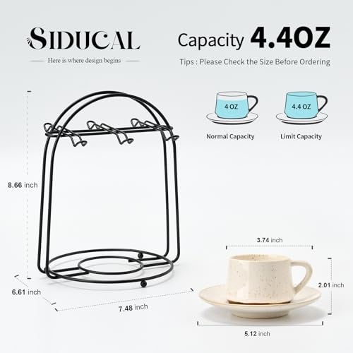 SIDUCAL Stackable Cappuccino Cup Set of 6 [4 oz] Ceramic Coffee Cups with Saucers and Cup Holder,Microwave/Dishwasher Safe,Espresso Demitasse Cups(White) - Image 2