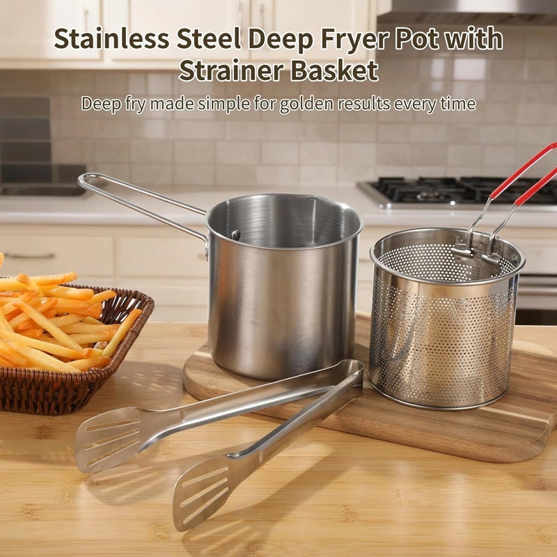 Home Fryer Pot with Basket, Rack & Tongs, Stainless Steel Fryer, Small, Multi-Stove Compatible, Fryer Pot for Fish Chicken Shrimp - Image 5