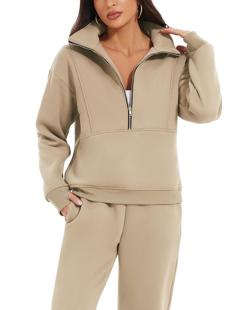 Eisctnd Womens Fleece 2 Piece Sweatsuit Lounge Set Long Sleeve Sweatshirt Jogger Pants Tracksuit Sweatsuit 2024 Fall Sets(LightKhaki-L) - Image 3