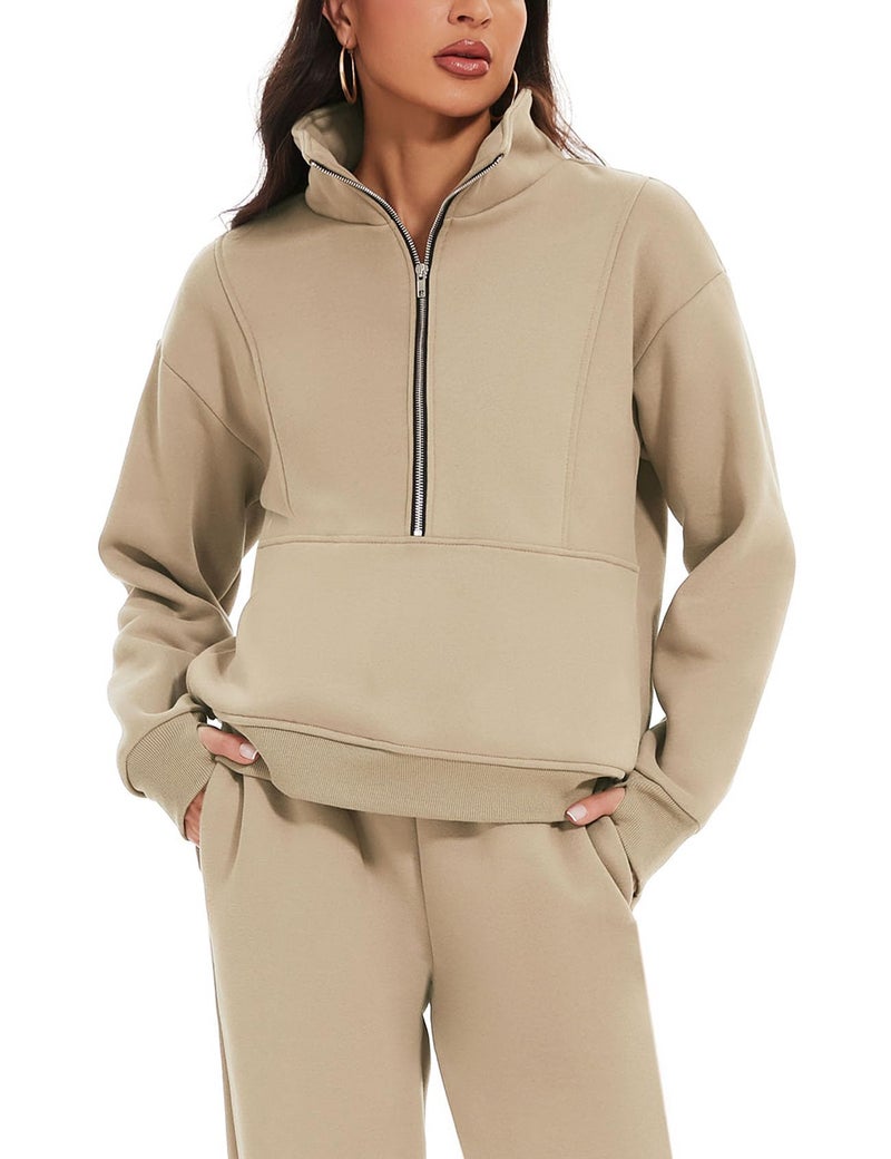 Eisctnd Womens Fleece 2 Piece Sweatsuit Lounge Set Long Sleeve Sweatshirt Jogger Pants Tracksuit Sweatsuit 2024 Fall Sets(LightKhaki-L) - Image 2