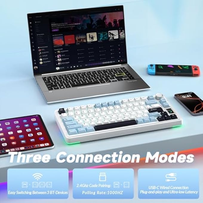 rayihni S75 PRO GAMING KEYBOARD 75%, BT5.0/2.4G/USB-C WIRELESS MECHANICAL KEYBOARD WITH DISPLAY & BUTTON, FIVE-LAYER PADDING STRUCTURE, QWERTY, RGB, HOT SWAP, CREAMY SOUND (BLUE WHITE) - Image 3