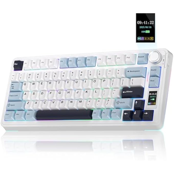 rayihni S75 PRO GAMING KEYBOARD 75%, BT5.0/2.4G/USB-C WIRELESS MECHANICAL KEYBOARD WITH DISPLAY & BUTTON, FIVE-LAYER PADDING STRUCTURE, QWERTY, RGB, HOT SWAP, CREAMY SOUND (BLUE WHITE) - Image 1