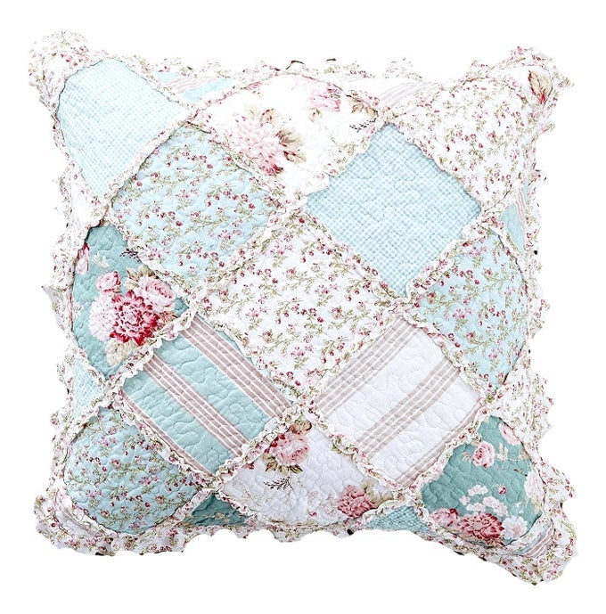1PIECE PATCHWORK BLOOMING FLORAL EURO PILLOW SHAM HINT OF MINT COTTON GARDEN COUNTRY COTTAGE RUFFLES MUTED PASTEL LIGHT SEAFOAM BLUEGREEN 26 X 26