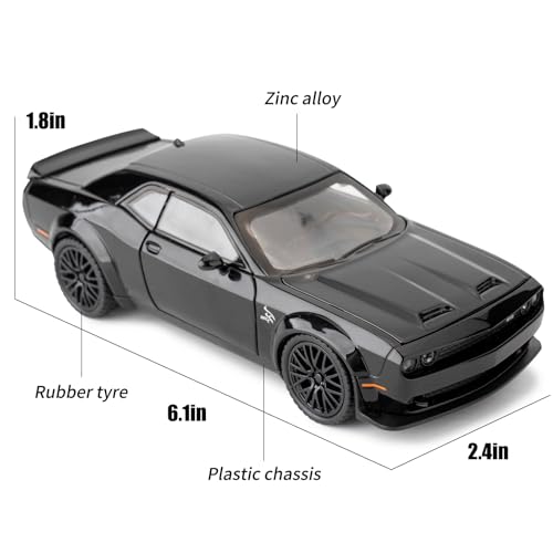 BDTCTK 1/32 Dodge Challenger Hellcat Model Car, Zinc Alloy Pull Back Toy car with Sound and Light for Kids Boy Girl Gift(Black) - Image 3