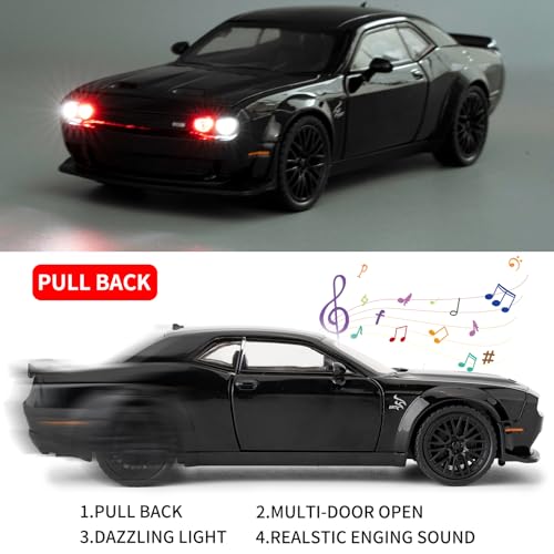 BDTCTK 1/32 Dodge Challenger Hellcat Model Car, Zinc Alloy Pull Back Toy car with Sound and Light for Kids Boy Girl Gift(Black) - Image 2
