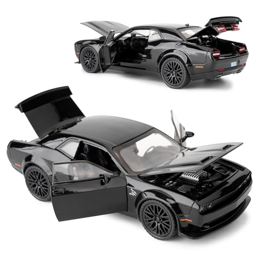 BDTCTK 1/32 Dodge Challenger Hellcat Model Car, Zinc Alloy Pull Back Toy car with Sound and Light for Kids Boy Girl Gift(Black) - Image 4