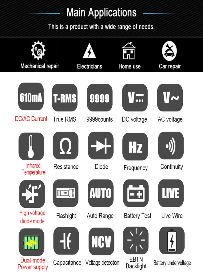 BSIDE 4in1 Digital Multimeter Infrared Thermometer Electric Test Pen Circuit Analyzer Detector 3.5inch LCD Color Display Handheld Multimeter True RMS 9999 Professional Voltage Capacitance Resistance - Image 3