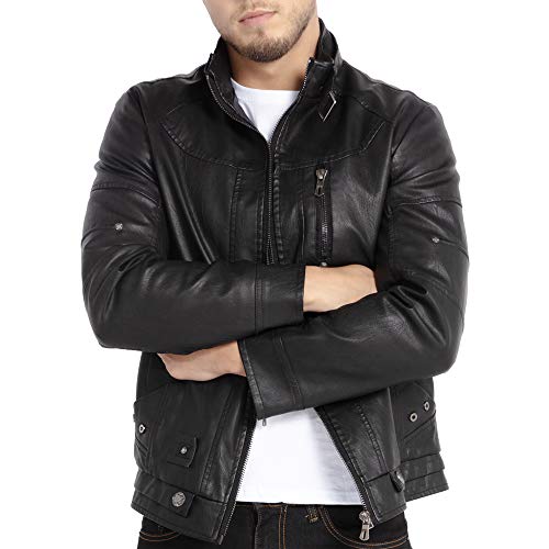 WULFUL Men's Vintage Stand Collar Leather Jacket Motorcycle PU Jacket and Coat - Image 2