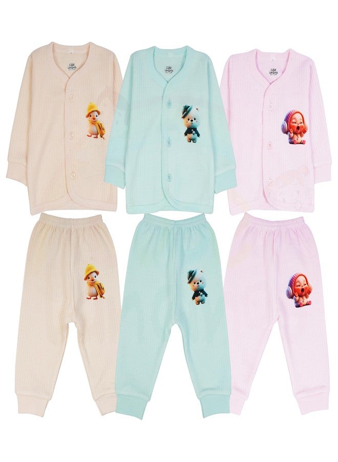 CUTE LANDINGS طقم بيجاما CUTE LANDINGS للأطفال حديثي الولادة من عمر 0-3، 3-6، 6-9، و9-12 شهرًا، بأكمام طويلة مفتوحة من الأمام، مصنوع من قماش جابلا حراري، مع بنطال بيجاما مضلع. (عبوة من 3 قطع) - Image 1