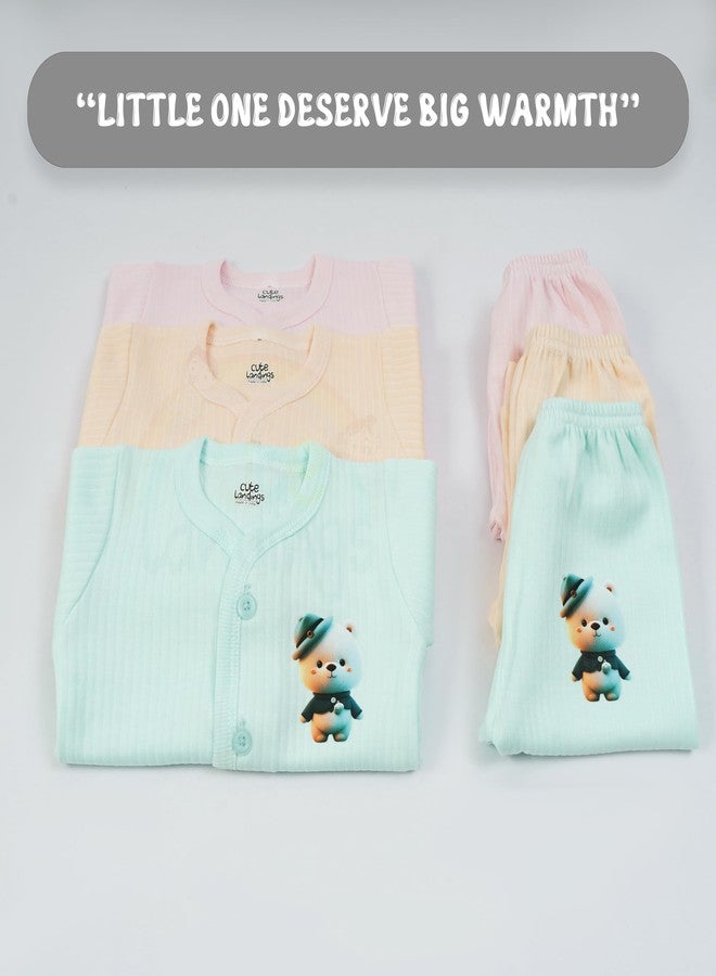 CUTE LANDINGS طقم بيجاما CUTE LANDINGS للأطفال حديثي الولادة من عمر 0-3، 3-6، 6-9، و9-12 شهرًا، بأكمام طويلة مفتوحة من الأمام، مصنوع من قماش جابلا حراري، مع بنطال بيجاما مضلع. (عبوة من 3 قطع) - Image 4