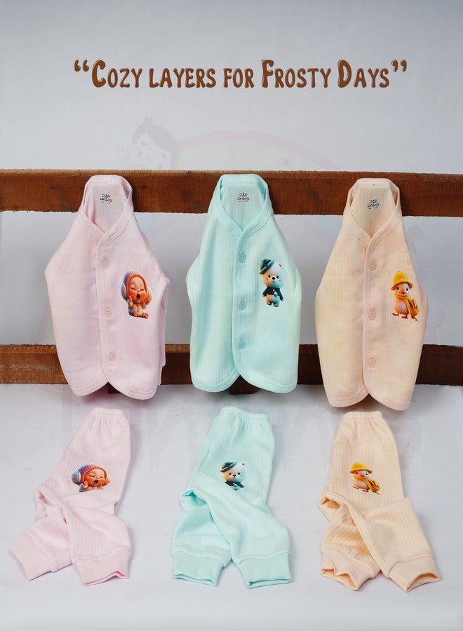 CUTE LANDINGS طقم بيجاما CUTE LANDINGS للأطفال حديثي الولادة من عمر 0-3، 3-6، 6-9، و9-12 شهرًا، بأكمام طويلة مفتوحة من الأمام، مصنوع من قماش جابلا حراري، مع بنطال بيجاما مضلع. (عبوة من 3 قطع) - Image 3