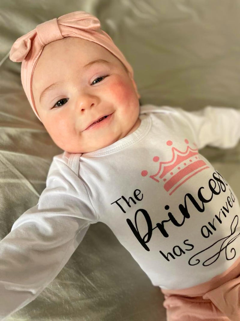 TyeSmo 0-3 Months Baby Girl Clothes 0-3 Months Outfits The Princess Has Arrived White Ruffle Long Sleeve Romper Pink Pant Sets 3 Month Baby Girl Clothes With Headband - Image 3