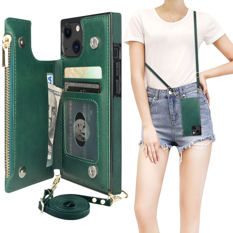 Bocasal Crossbody Wallet Case for iPhone 13 with RFID Blocking Card Slot Holder, Magnetic Flip Folio Purse Case, PU Leather Zipper Handbag with Detachable Lanyard Strap 6.1 Inch 5G (Green) - Image 1