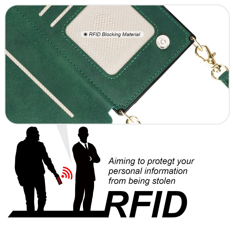 Bocasal Crossbody Wallet Case for iPhone 13 with RFID Blocking Card Slot Holder, Magnetic Flip Folio Purse Case, PU Leather Zipper Handbag with Detachable Lanyard Strap 6.1 Inch 5G (Green) - Image 4