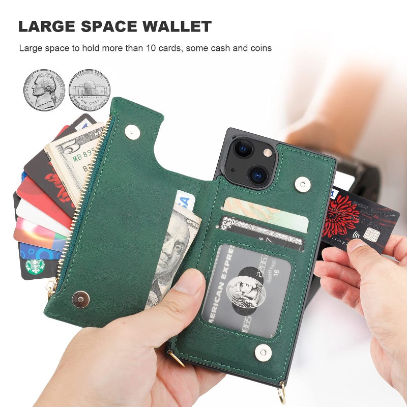 Bocasal Crossbody Wallet Case for iPhone 13 with RFID Blocking Card Slot Holder, Magnetic Flip Folio Purse Case, PU Leather Zipper Handbag with Detachable Lanyard Strap 6.1 Inch 5G (Green) - Image 5