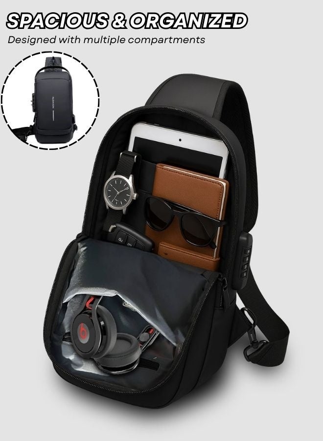 تنم حقيبة كروس بودي للرجال - حقيبة ظهر كتف للنساء مع منفذ شحن USB - حقيبة ظهر متعددة الاستخدامات للكتف والصدر - حقيبة ظهر يومية مقاومة للماء للرجال والنساء، حقيبة كتف رياضية للرجال - حقيبة ظهر سفر للرجال - Image 3