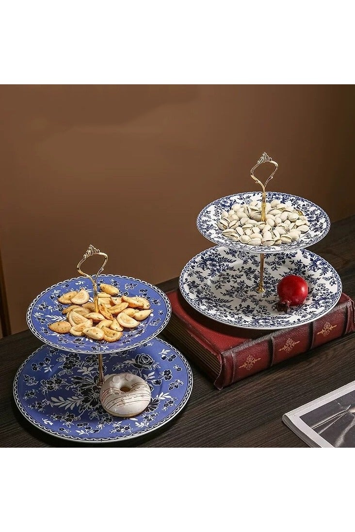 2/3-Tier Ceramic Dessert Display Stand - Elegant Floral Cake and Fruit Tray for Weddings, Holidays, and Parties - Multi-Layered Buffet Table Centerpiece with Intricate Blue and Black Floral Patterns - Image 3