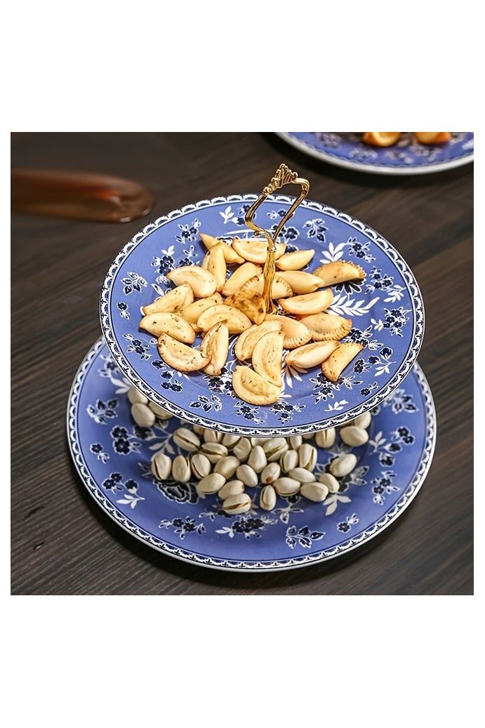 2/3-Tier Ceramic Dessert Display Stand - Elegant Floral Cake and Fruit Tray for Weddings, Holidays, and Parties - Multi-Layered Buffet Table Centerpiece with Intricate Blue and Black Floral Patterns - Image 1