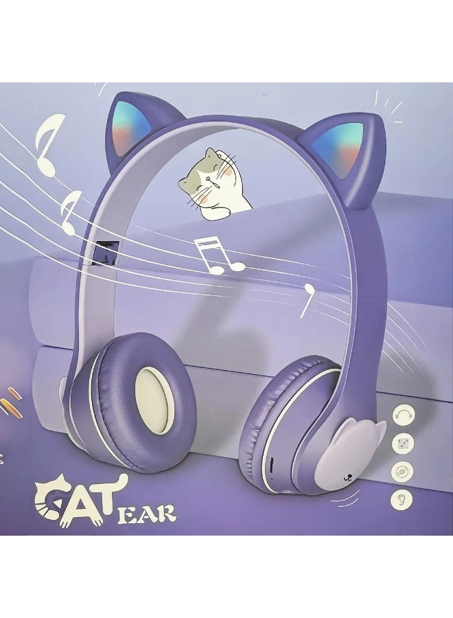 Cat Ear Kids Headphones, Bluetooth 5.0 Wireless Kids Gaming Headset with Microphone, LED Light, HIFI Stereo Sound, Comfortable On-Ear Design, Long Battery Life - Image 1